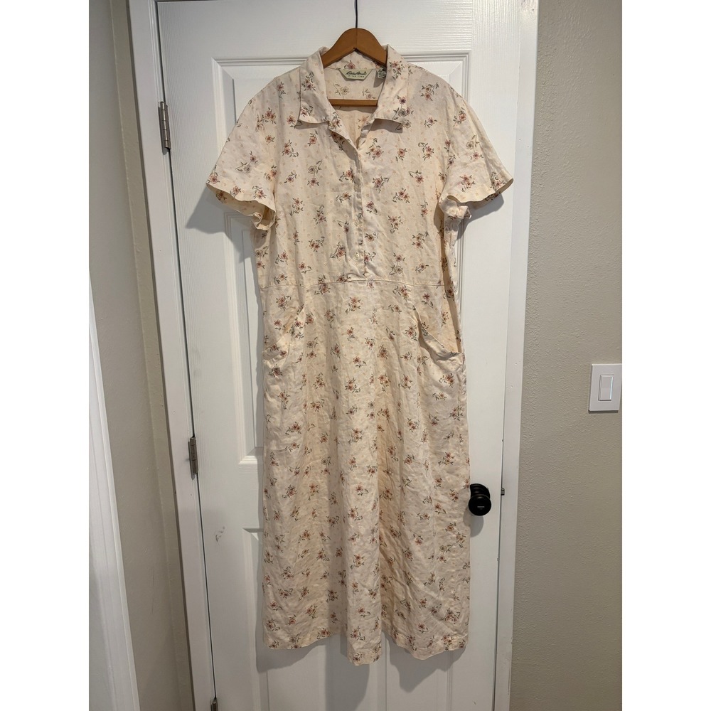 Vintage Eddie Bauer 100% Linen Ditsy Floral Button-Front Shirt Dress XL Tall